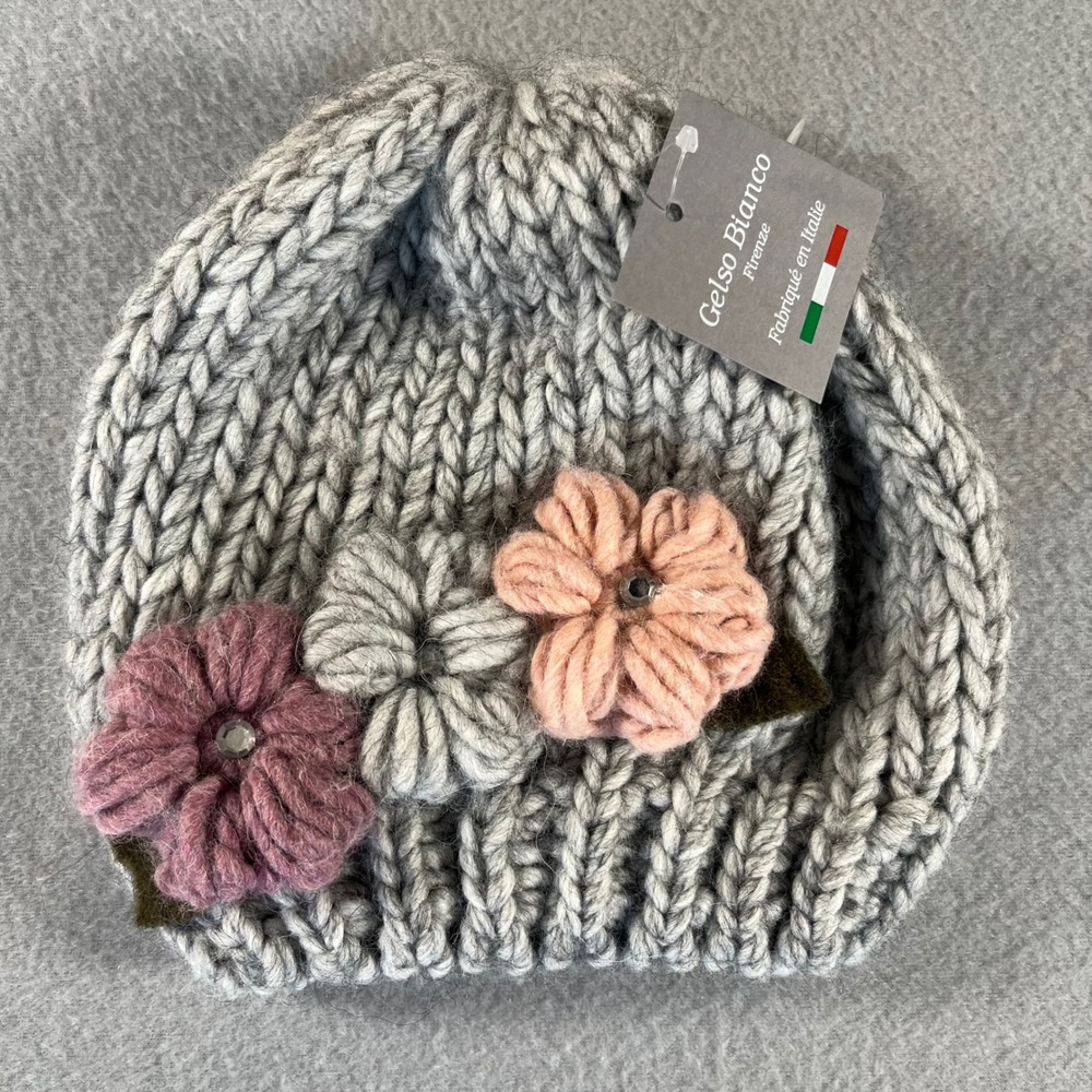 NWT Gelso Bianco Firenze Italy Alpaca Wool Blend Flower Beanie Hat Gray‎ floral